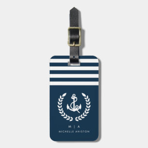 Étiquette À Bagage Ancre de bateau nautique bleu marine Monogramme