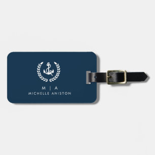 Étiquette À Bagage Ancre de bateau nautique bleu marine   Monogramme 
