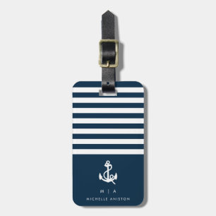 Étiquette À Bagage Ancre de bateau nautique bleu marine   Monogramme 