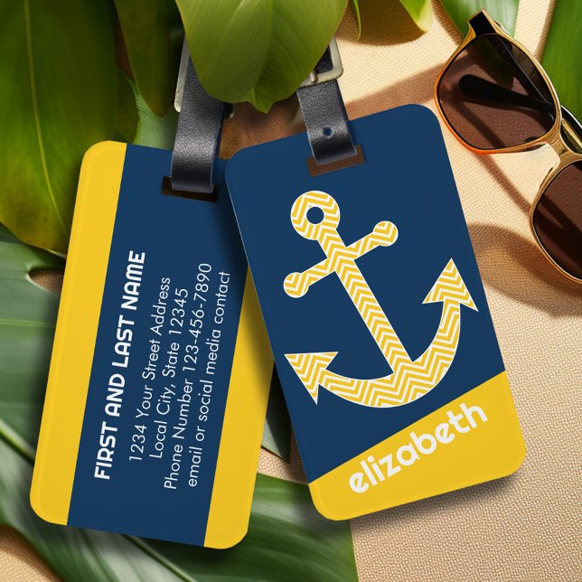 Étiquette À Bagage Ancre nautique avec Motif de Navy Jaune Chevron (Personalized Luggage Tag)