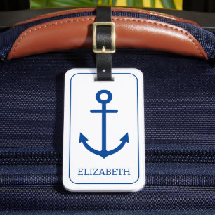 Étiquette À Bagage Ancre nautique bleu et blanc simple Personnalisée