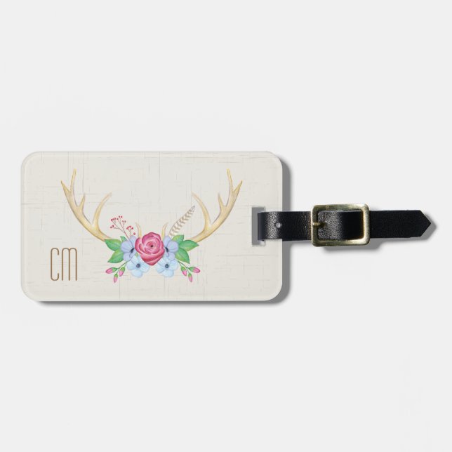 Étiquette À Bagage Andouillers rustiques de cerfs communs d'aquarelle (Devant horizontal)