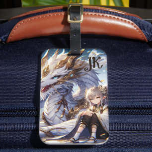 Étiquette À Bagage Anime Girl and White and Gold Dragon Monogrammé