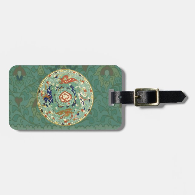 Étiquette À Bagage Antique Chinese Circle Blue Green (Devant horizontal)