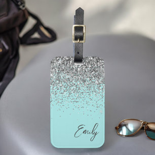 Étiquette À Bagage Aqua Bleu Sarcelle Argent Paillettes Monogramme