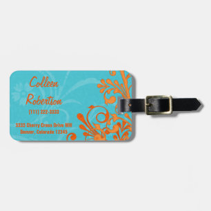 Étiquette À Bagage Aqua Blue Orange Abstrait Floral Personnalisé