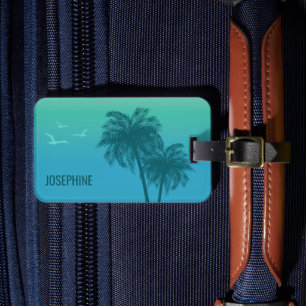 Étiquette À Bagage Aqua Blue Palm Trees Et Oiseaux Tropical Été