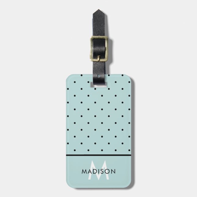 Étiquette À Bagage Aqua clair avec Pois noirs et monogramme (Devant Vertical)