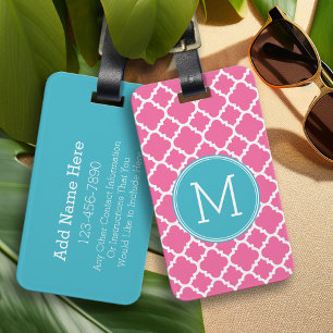 Étiquette À Bagage Aqua Hot rose Quatrefoil Motif Personnalisé Monogr