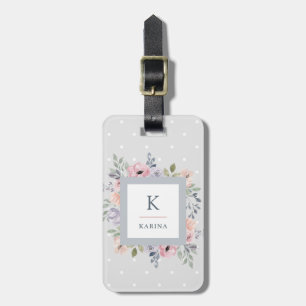 Étiquette À Bagage Aquarelle assez rose florale et monogramme sur le