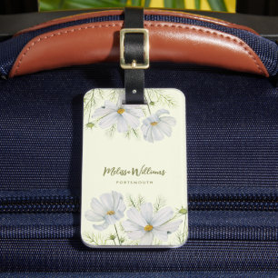 Étiquette À Bagage Aquarelle Blanc Cosmos Fleurs Peinture Botanique