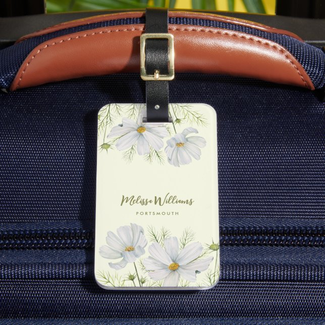 Étiquette À Bagage Aquarelle Blanc Cosmos Fleurs Peinture Botanique (Insitu Rectoal 2)