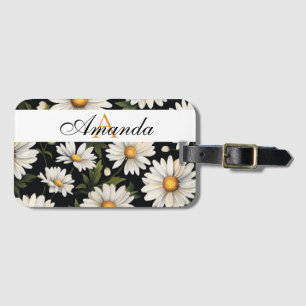 Étiquette À Bagage Aquarelle Blanc et noir Motif marguerrier Monogram