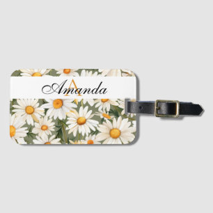 Étiquette À Bagage Aquarelle blanc et vert Motif marguerite Monogramm