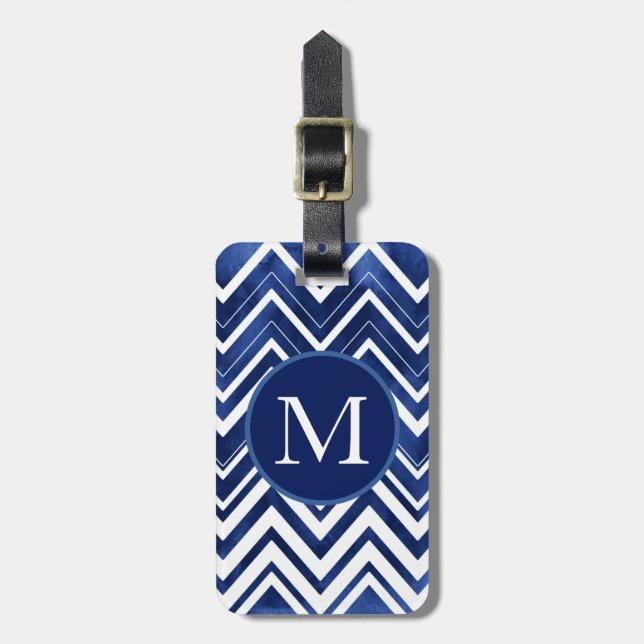 Étiquette À Bagage Aquarelle bleu Indigo Chevron (Devant Vertical)