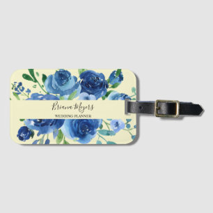 Étiquette À Bagage Aquarelle bleu marine Floral moderne Jaune