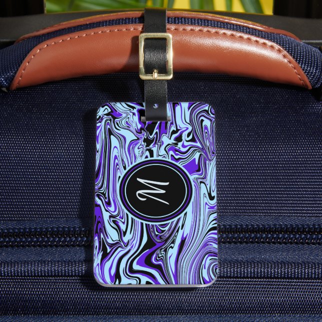 Étiquette À Bagage Aquarelle bleu violet moderne Monogramme tendance (Insitu Rectoal 2)