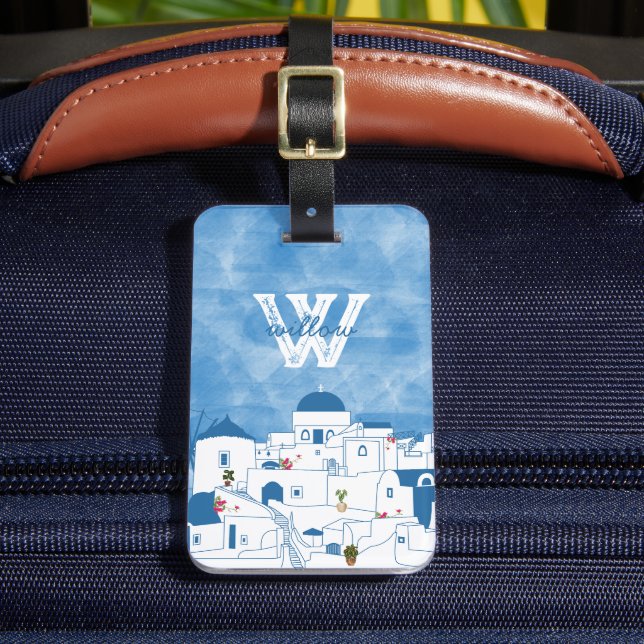 Étiquette À Bagage Aquarelle bleue et blanche Santorin Grèce Monogram (Insitu Rectoal 2)