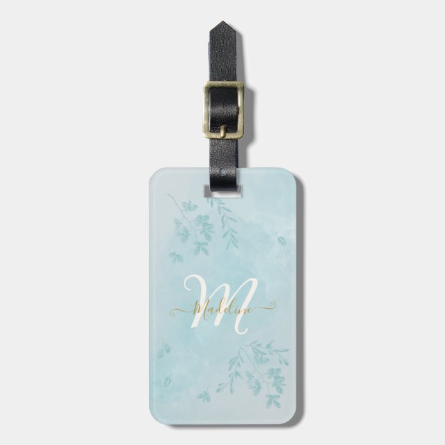 Étiquette À Bagage Aquarelle bleue Feuilles Nom Monogramme (Devant Vertical)