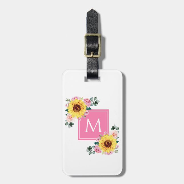Étiquette À Bagage Aquarelle botanique rose tournesol Monogramme (Devant Vertical)