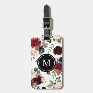 Étiquette À Bagage Aquarelle Bourgogne et monogramme de fleurs de