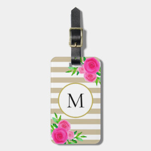 Étiquette À Bagage Aquarelle couleur rose beige blanc brillant Monogr