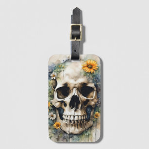 Étiquette À Bagage Aquarelle crâne avec Fleurs sauvages