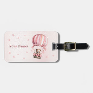 Étiquette À Bagage Aquarelle Cute Rose Teddy Bear Hot Air Balloon