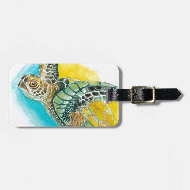 Étiquette À Bagage Aquarelle de la tortue de mer vert (Devant horizontal)