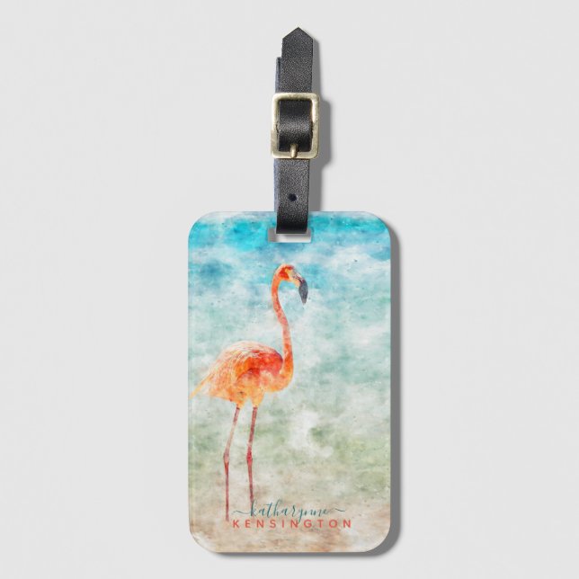 Étiquette À Bagage Aquarelle de plage de Flamant rose tropical (Devant Vertical)