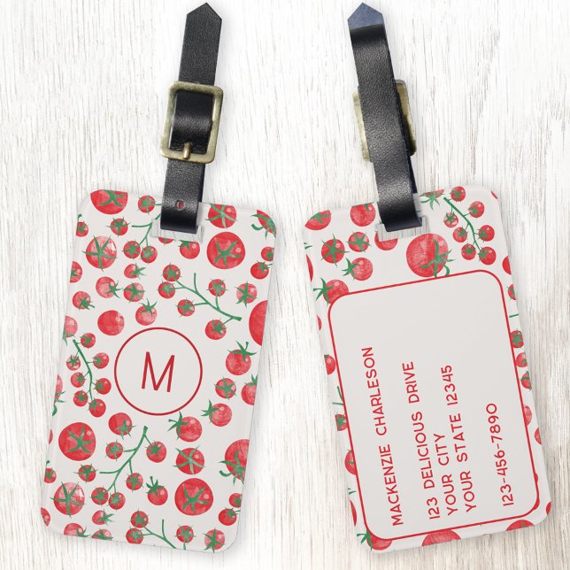 Étiquette À Bagage Aquarelle de tomate Monogramme initial personnalis (Monogram initial personalized tomato watercolor pattern Mediterranean luggage tag)