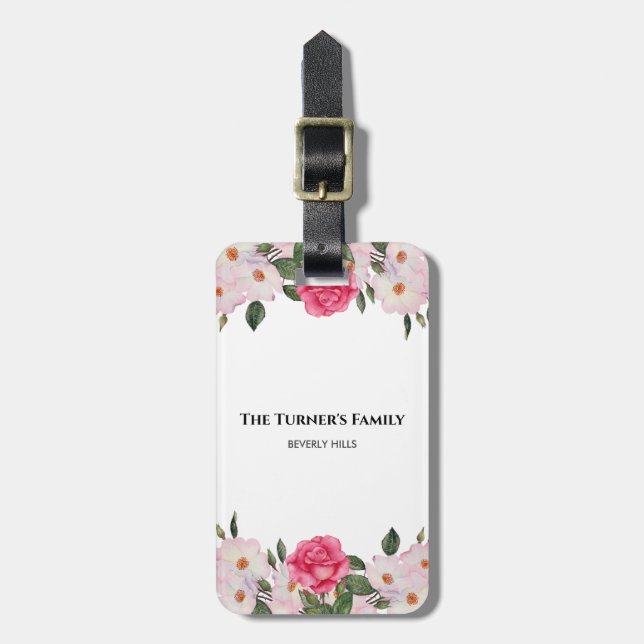 Étiquette À Bagage Aquarelle Doux rose blanc Roses illustration (Devant Vertical)