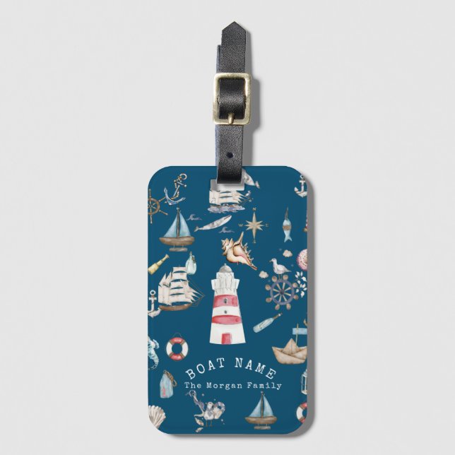 Étiquette À Bagage Aquarelle Eléments marins Bleu (Devant Vertical)