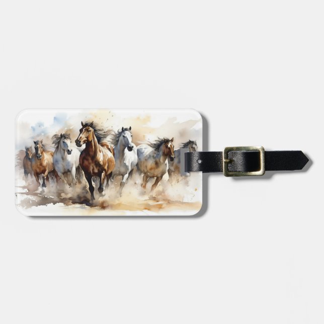 Étiquette À Bagage Aquarelle équestre moderne des Chevaux Wild Mustan (Devant horizontal)