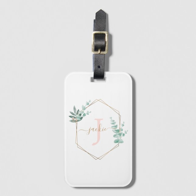 Étiquette À Bagage Aquarelle Eucalyptus Monogramme du cadre (Devant Vertical)