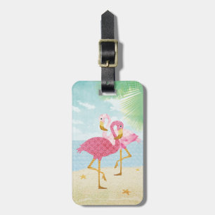 Étiquette À Bagage Aquarelle Flamants roses roses sur la plage