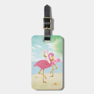 Étiquette À Bagage Aquarelle Flamants roses roses sur la plage