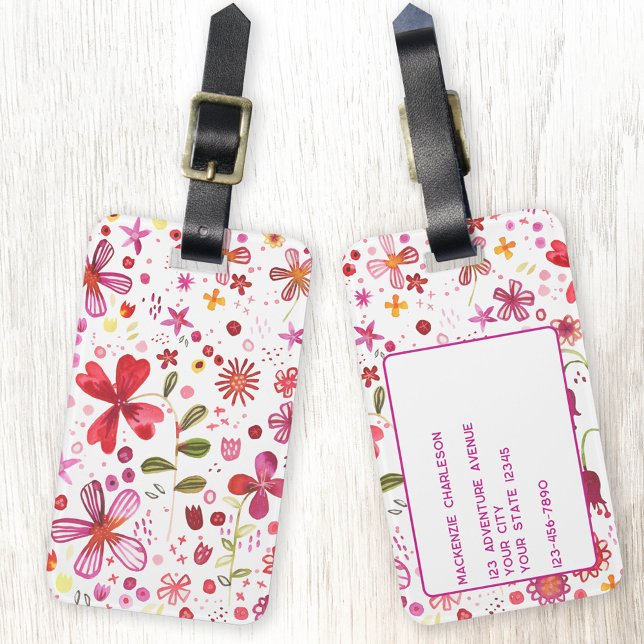 Étiquette À Bagage Aquarelle Fleur Sauvage Moderne Personnalisé (Watercolor modern bright wildflower art personalized luggage tag)