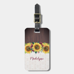 Étiquette À Bagage Aquarelle Fleurs de soleil dentelle Bois Nom rusti