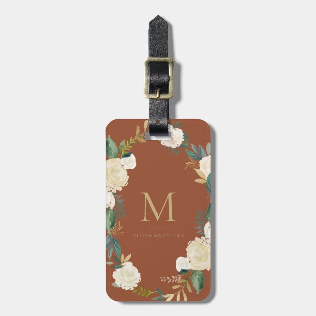 Étiquette À Bagage Aquarelle Fleurs or Huile Monogramme Terracotta (Devant Vertical)