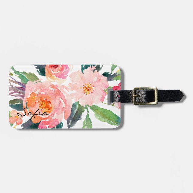 Étiquette À Bagage Aquarelle Fleurs roses Personnalisées (Devant horizontal)