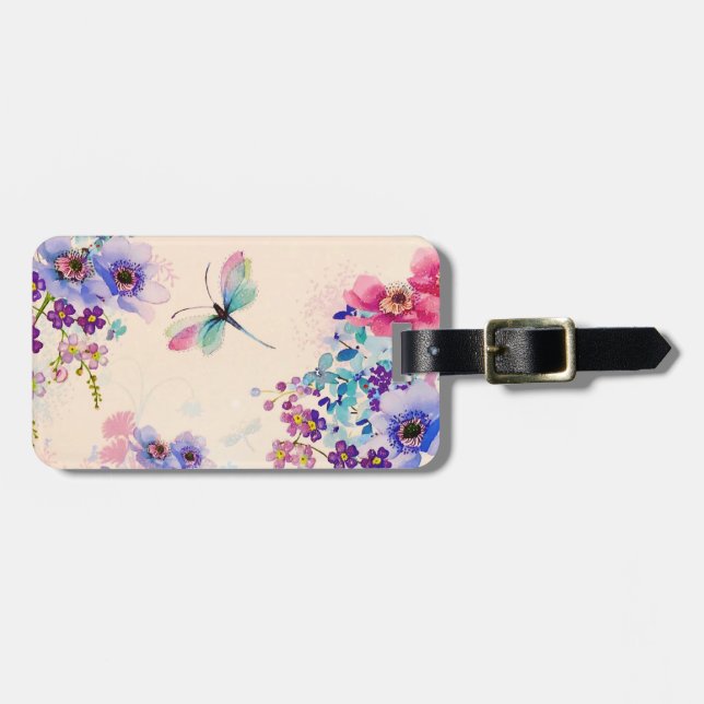 Étiquette À Bagage Aquarelle Floral Papillon Parties scintillant de j (Devant horizontal)