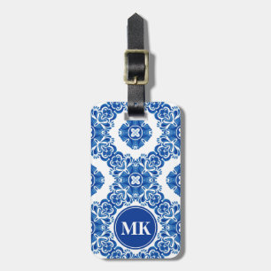 Étiquette À Bagage Aquarelle Florale Bleue et Blanc Monogramme Parisi