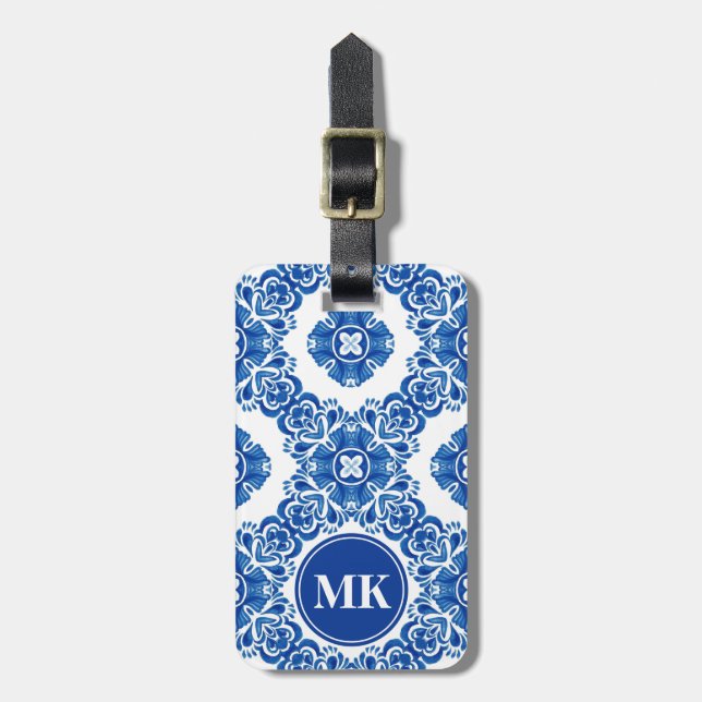 Étiquette À Bagage Aquarelle Florale Bleue et Blanc Monogramme Parisi (Devant Vertical)