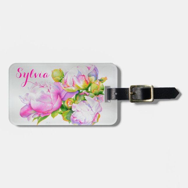 Étiquette À Bagage Aquarelle florale classique et élégante de pivoine (Devant horizontal)