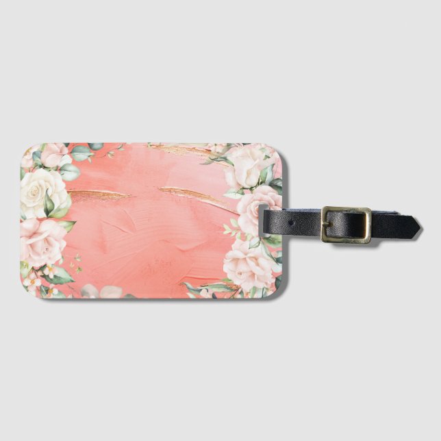 Étiquette À Bagage Aquarelle Florale Peach Rose Or Élégante (Devant Horizontal)