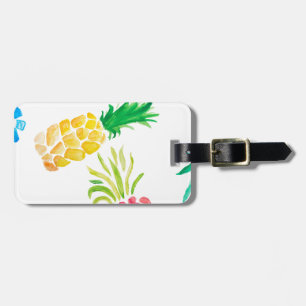 Étiquette À Bagage Aquarelle fruit jaune, rose et bleu ananas
