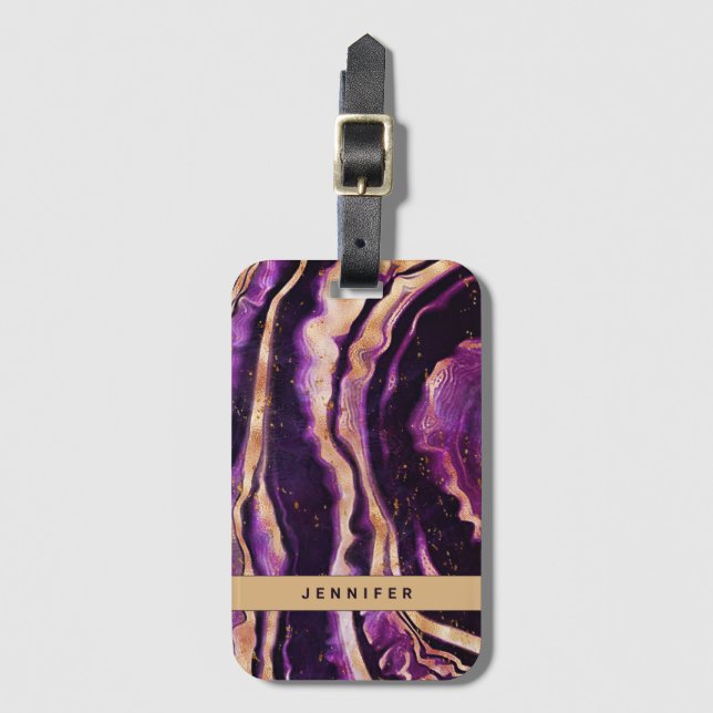 Étiquette À Bagage Aquarelle Géode Abstrait Purple Gold Agate (Devant Vertical)