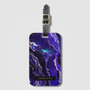 Étiquette À Bagage Aquarelle Géode Bleu profond Purple Rose Gold Agat