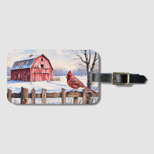 Étiquette À Bagage Aquarelle Grange rouge et hiver cardinal